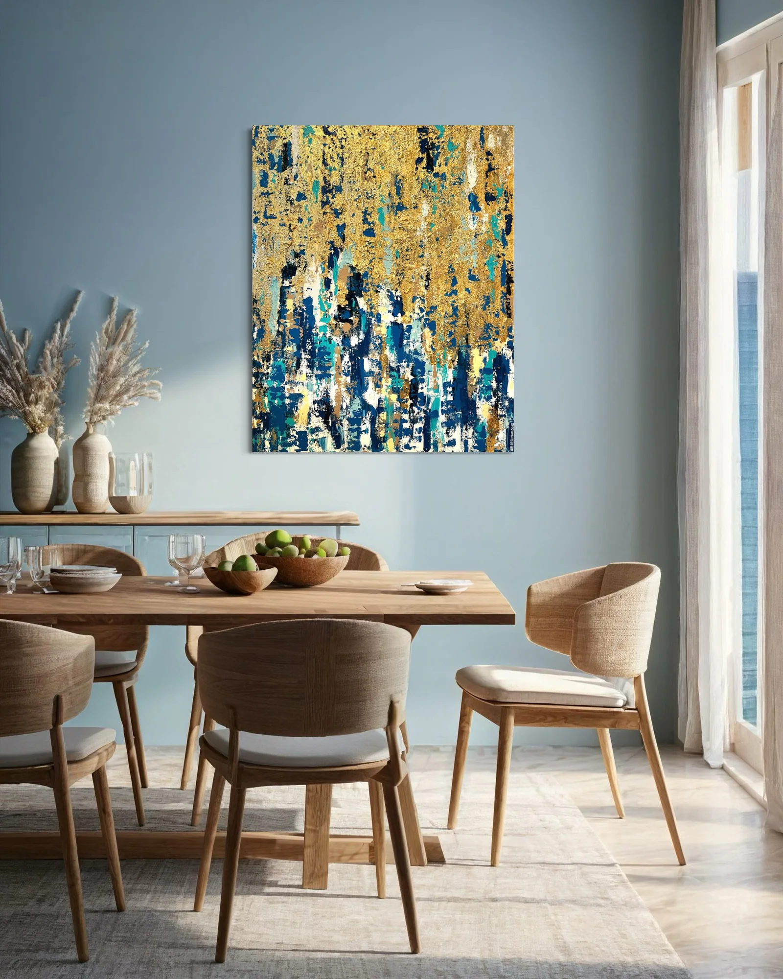 Abstraktes Acrylbild „Rich“ – modernes Kunstwerk in Gold, Blau und Weiß von Barbara Wieser-Balkus / barbarART