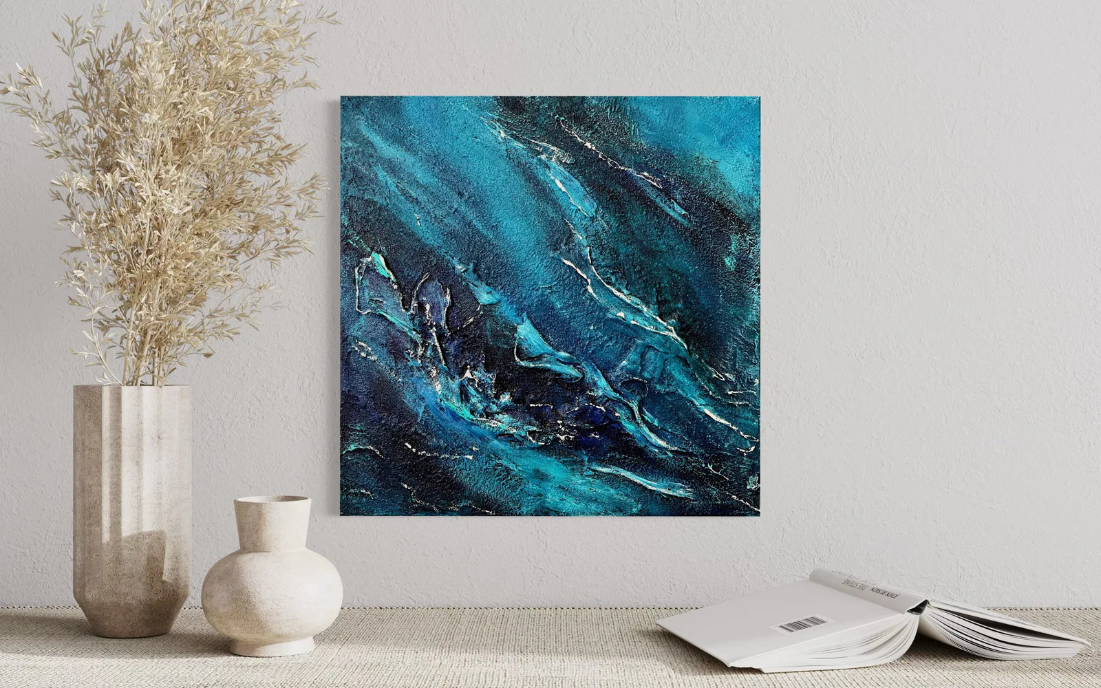 Abstraktes Acrylbild „Deep Ocean“ in Türkisblau und Schwarz – handgemaltes Unikat von Barbara Wieser-Balkus