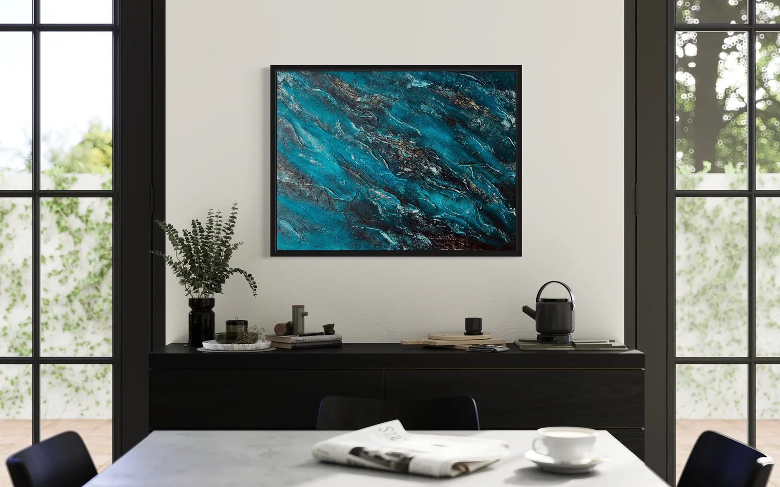 Waves – modernes abstraktes Acrylgemälde in Türkis, handgemalt mit strukturierter Oberfläche von Barbara Wieser-Balkus