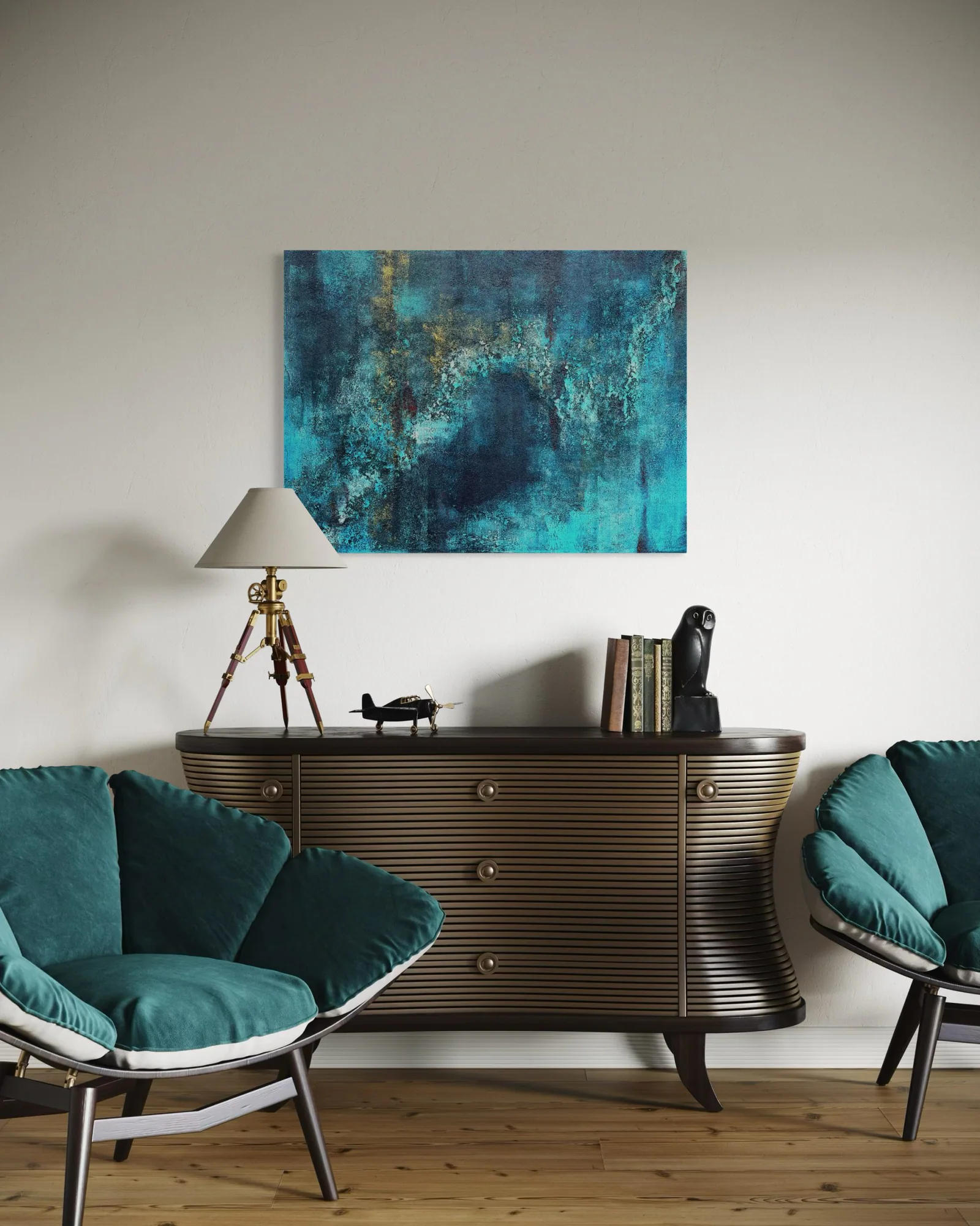 Abstraktes Acrylbild „Bridge“ von barbarART – modernes Wandbild in Türkis und Gold über Kommode im stilvollen Wohnzimmer