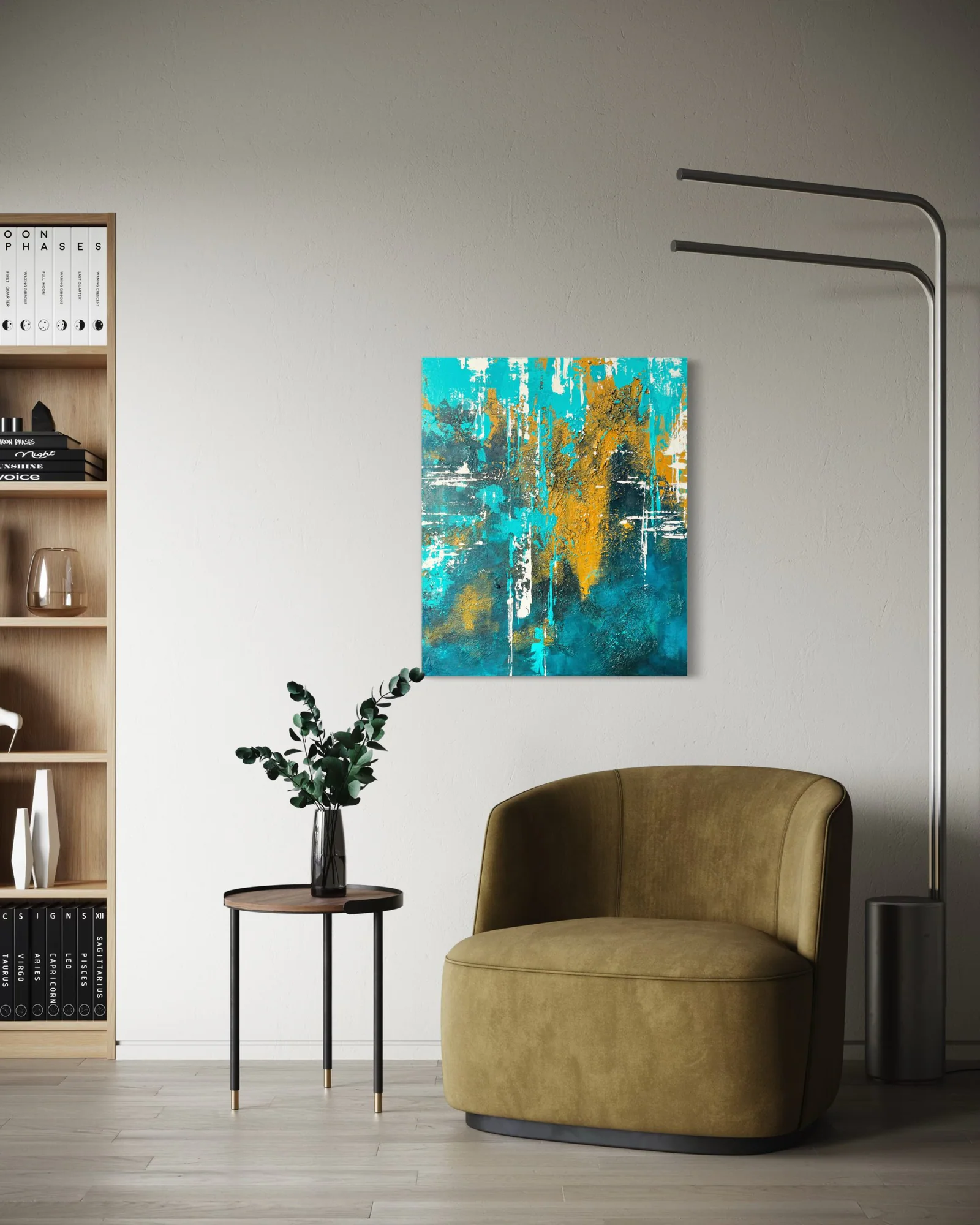 Abstraktes Acrylgemälde „Veil“ von barbarART mit Türkis, Gold und Weiß – präsentiert über einem grünen Sessel