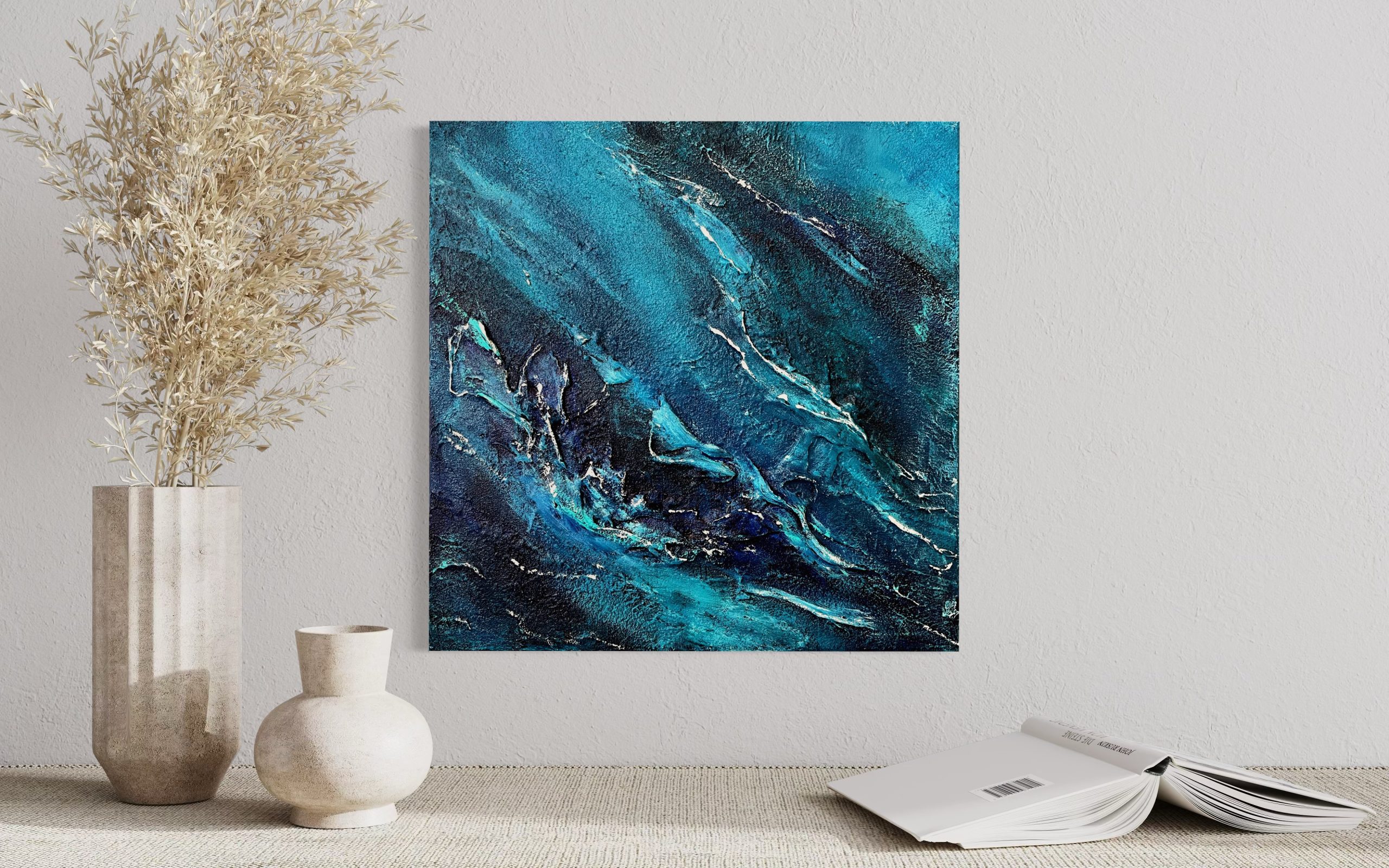 Abstraktes Acrylbild „Deep Ocean“ in Türkisblau und Schwarz – handgemaltes Unikat von Barbara Wieser-Balkus
